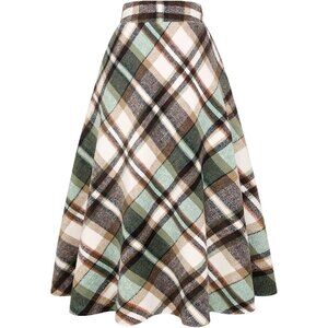 Womens Long Green/New Elastic Waist A-Line Pleated Tartan Long Plaid Wool Skirts